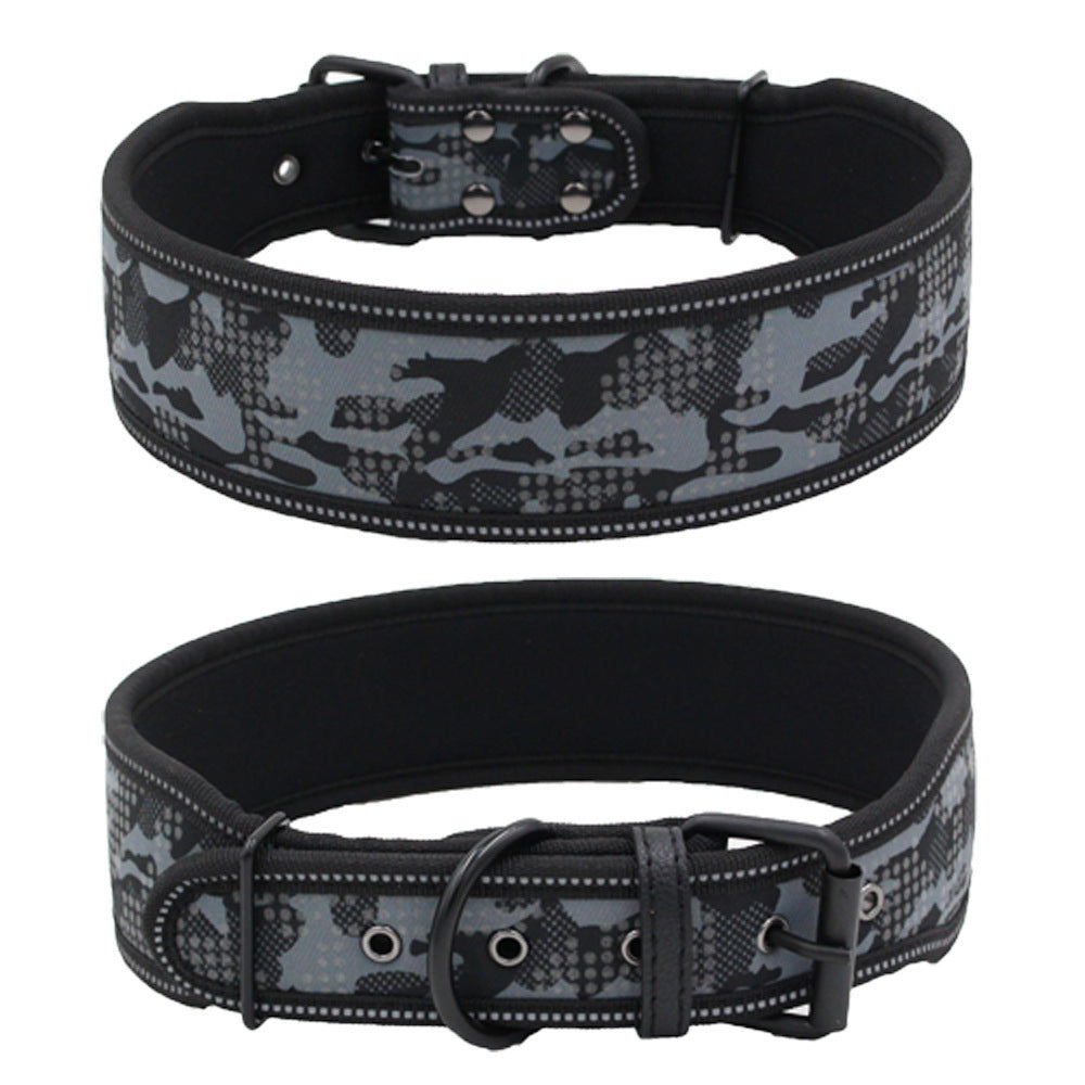 "Reflective camouflage adjustable dog collar for safe night walking"
"Durable padded dog collar with reflective stitching in camouflage design"
"Comfortable nylon camouflage dog collar for small, medium, and large dogs"