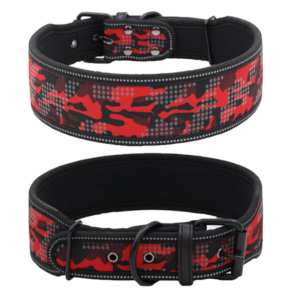"Reflective camouflage adjustable dog collar for safe night walking"
"Durable padded dog collar with reflective stitching in camouflage design"
"Comfortable nylon camouflage dog collar for small, medium, and large dogs"