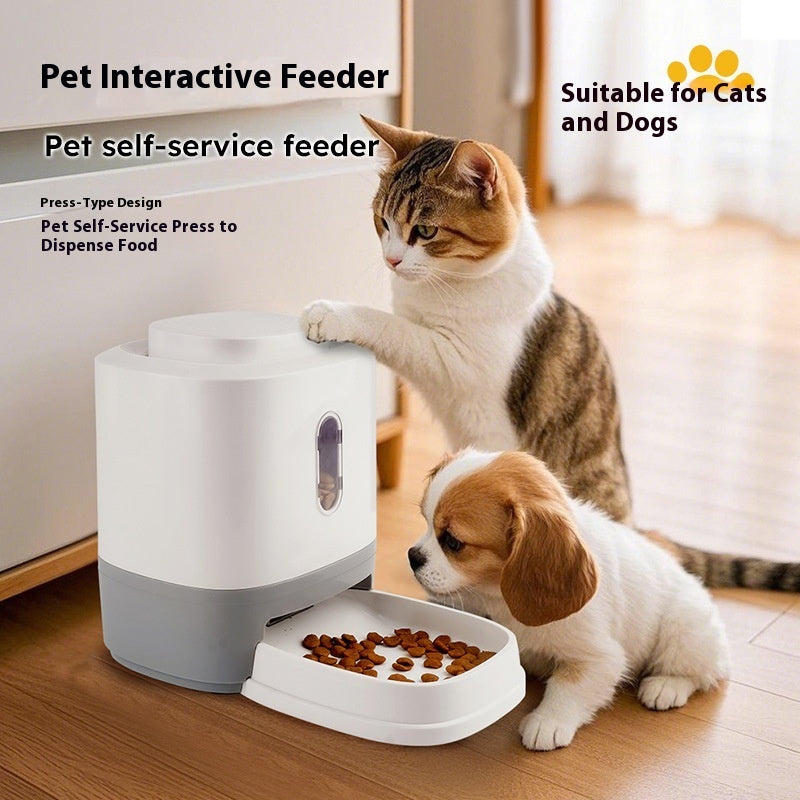 Interactive automatic pet feeder with press-to-dispense design for dogs and cats