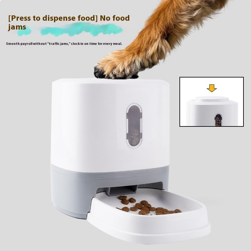 Interactive automatic pet feeder with press-to-dispense design for dogs and cats