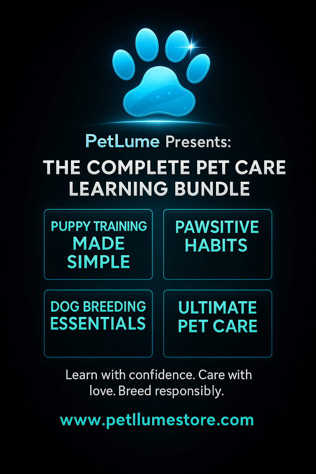 PetLume Complete Pet Care Learning Bundle - 4 digital dog care guides including pupy training, breeding, habits, and pet care.