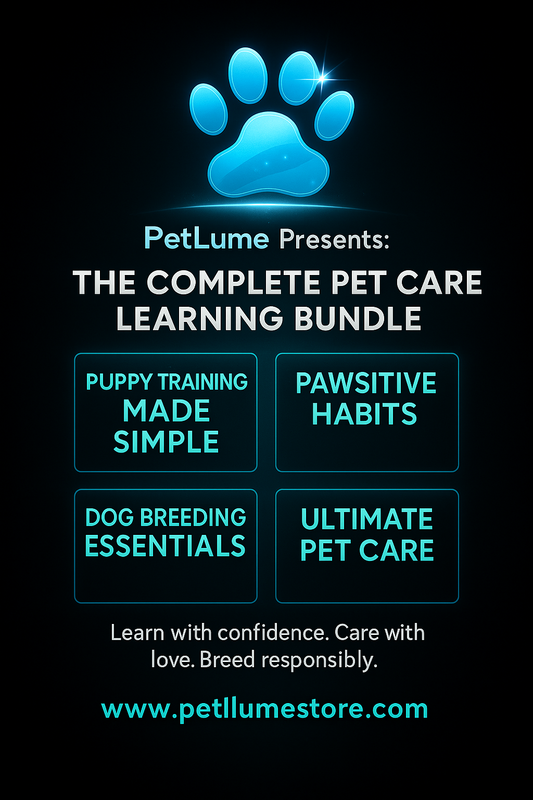 PetLume Complete Pet Care Learning Bundle - 4 digital dog care guides including pupy training, breeding, habits, and pet care.